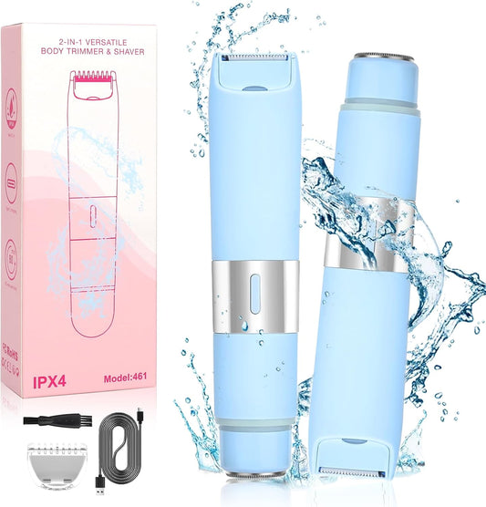 Bikini Trimmer Women Body Shaver 2 in 1 Wet Dry Pubic Hair Trimmer Rechargeable Cordless Razor for Face Lip Chin Underarm Legs (Blue)